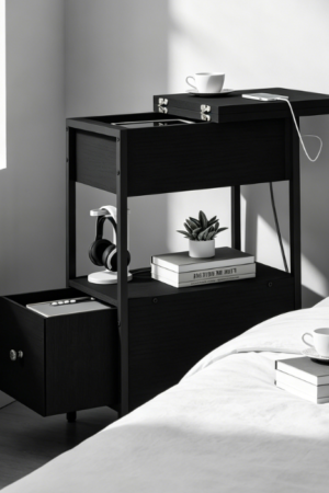 Narrow Bedside Table with Charging Station, Flip Top Cabinet and Fabric Drawer, Black
