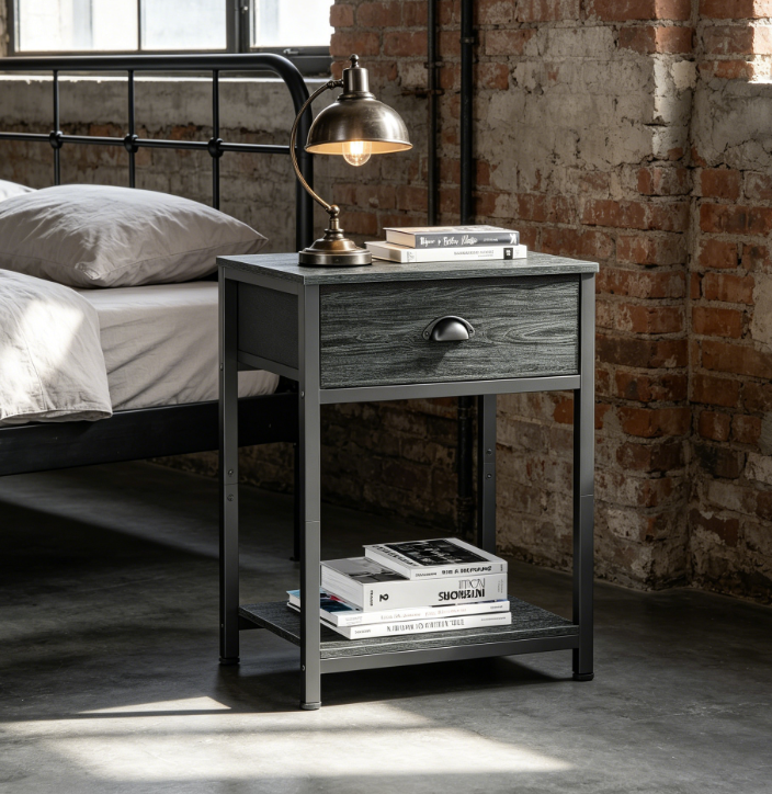 Bedside Table with Fabric Drawer and Shelf, Industrial 2-Tier, Black Oak