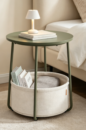 Round Bedside Table with Fabric Basket, Forest Green and Cream White