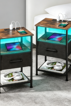Set of 2 Bedside Tables with Charging Station, Drawer, 2 Shelves and LED Light, Rustic Brown