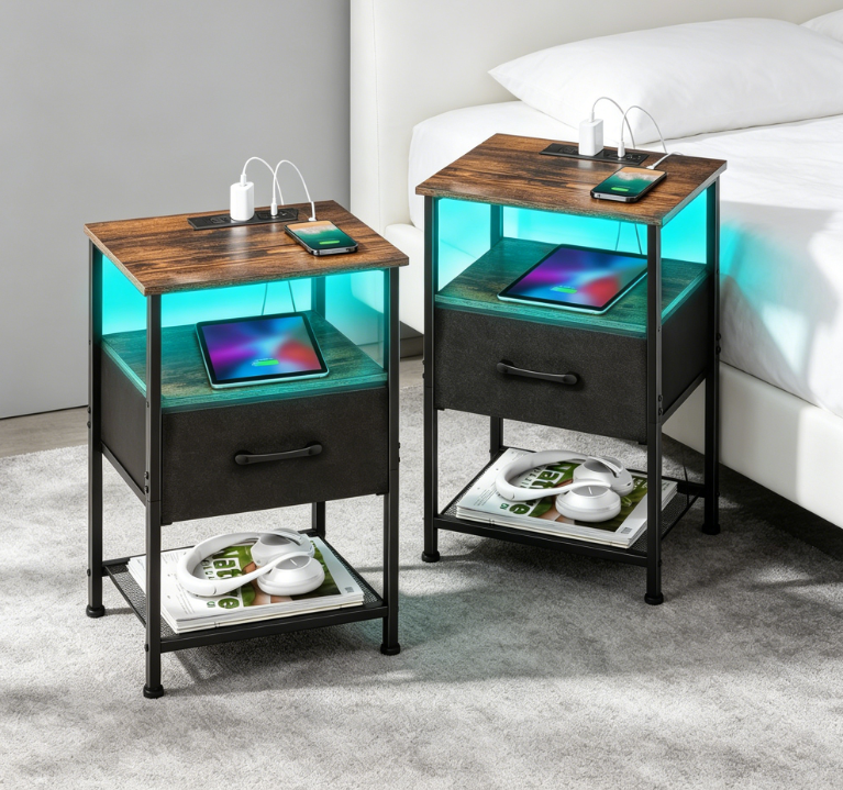 Set of 2 Bedside Tables with Charging Station, Drawer, 2 Shelves and LED Light, Rustic Brown